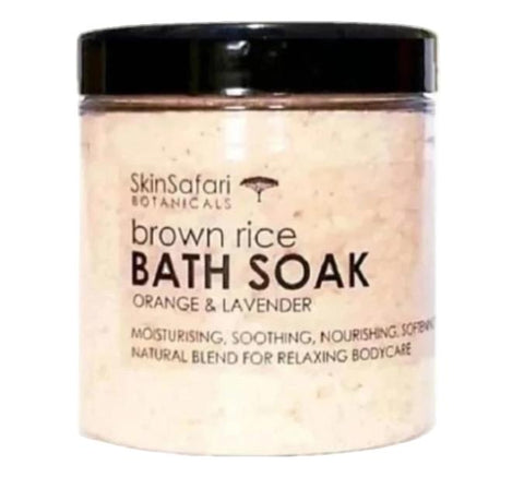 kin Safari Botanicals Brown Rice Bath Soak with orange and lavender scents 250g jar