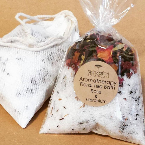 Bath Tea Salt Favors in linen pouch with organic teas and essential oils 